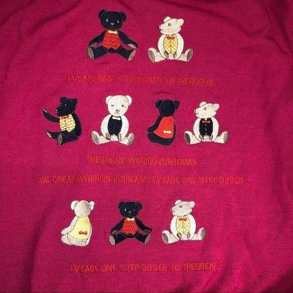 VINTAGE Japanese Teddy Bear Mock Neck Scalloped Hem Cranberry Red Sweater Size S - Picture 3 of 5